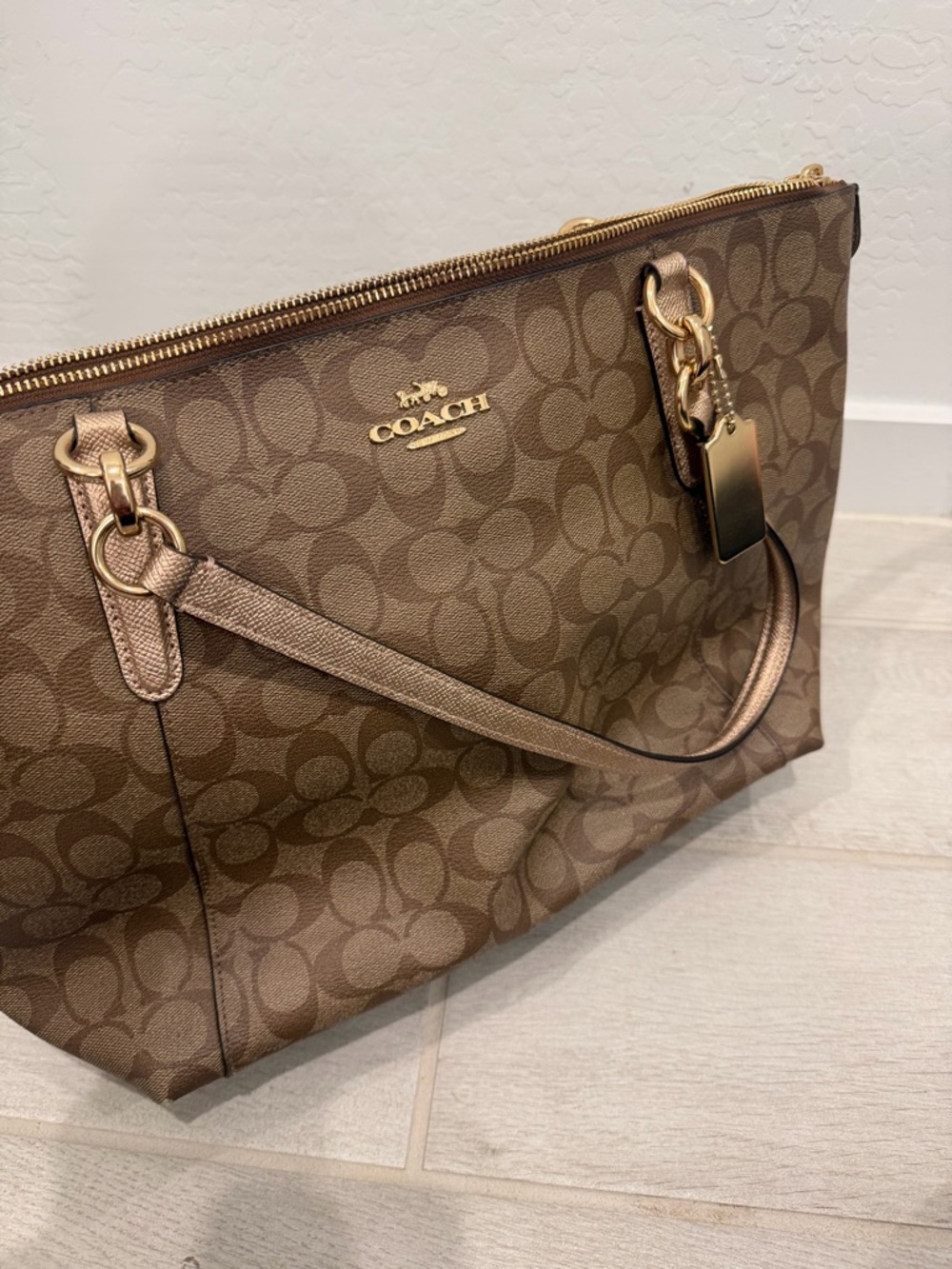 Coach Signature Monogram Tote in Brown with Gold Hardware